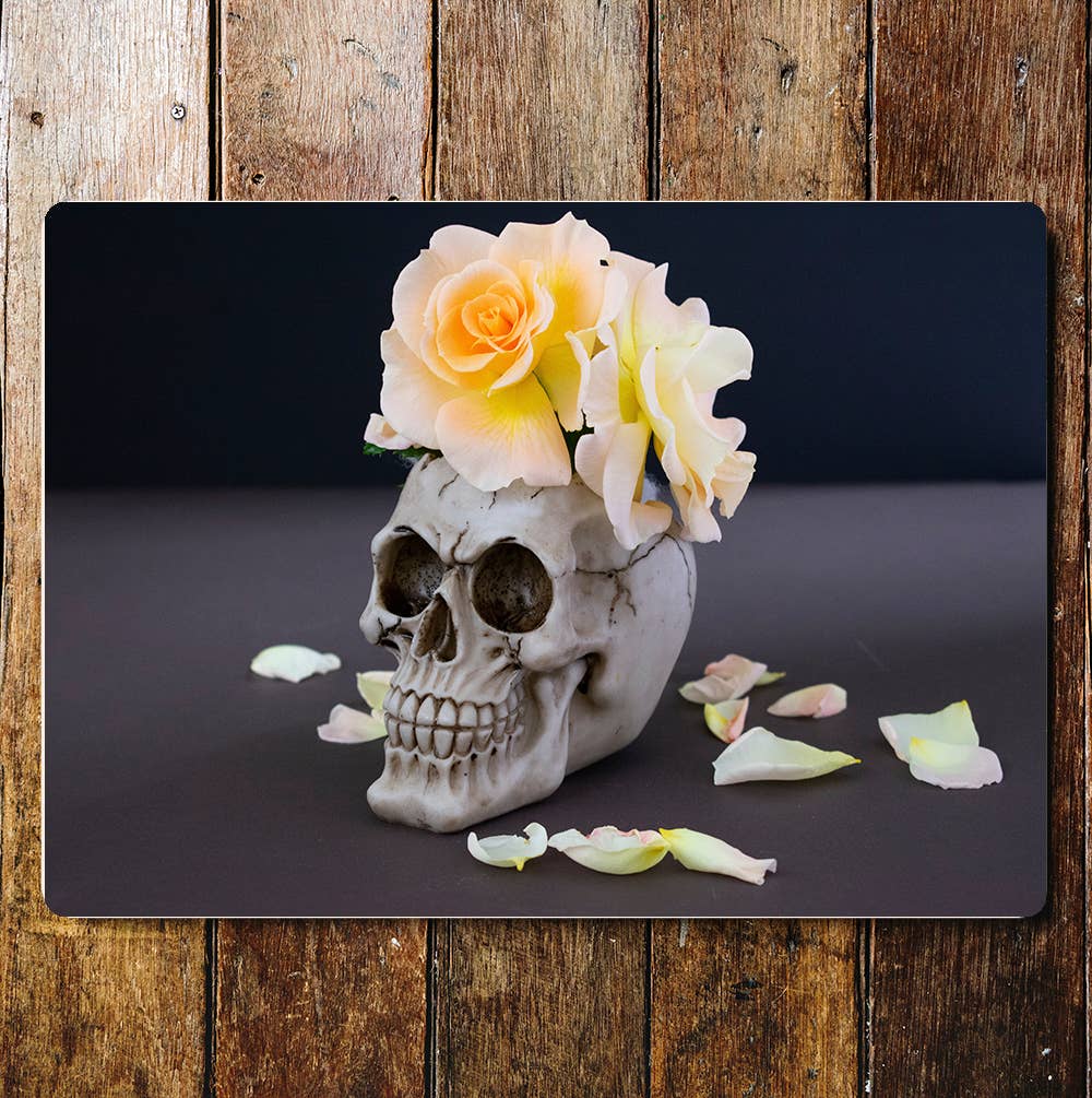 Skull Rose Yellow Petals Metal Wall Sign