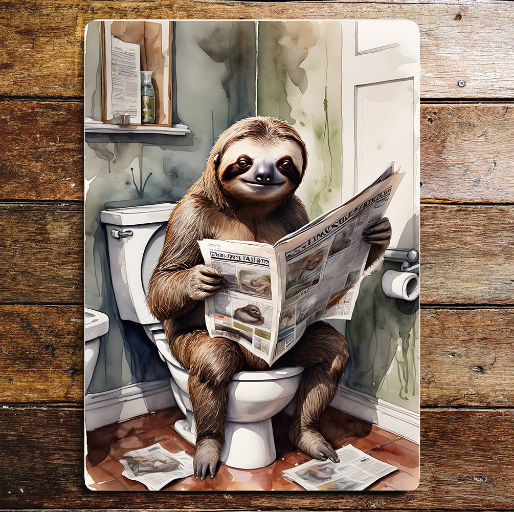Sloth Newspaper On the Toilet Bathroom | Metal Sign