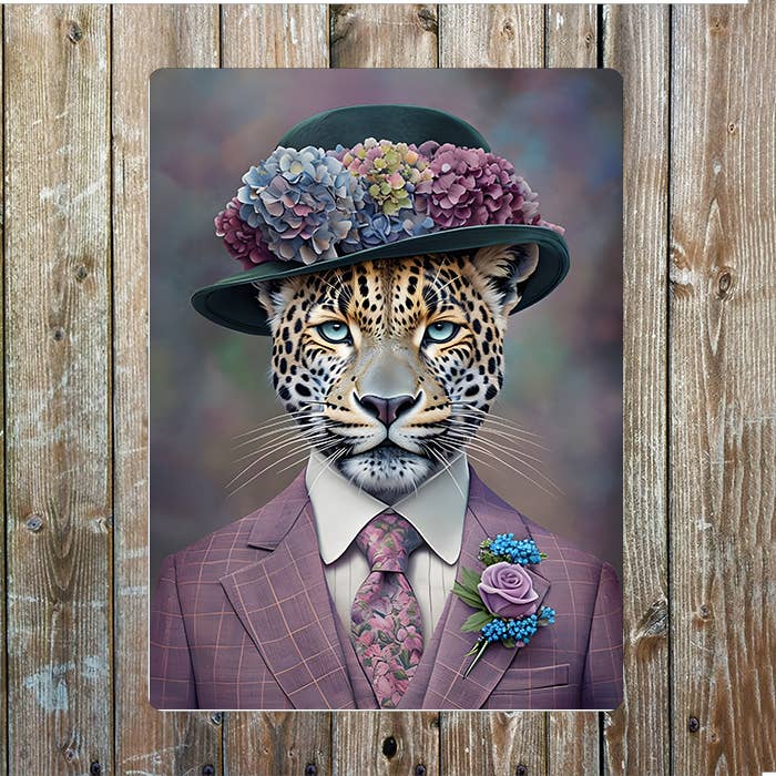Leopard In Elegant Attire Clothes | Metal Sign Plaque