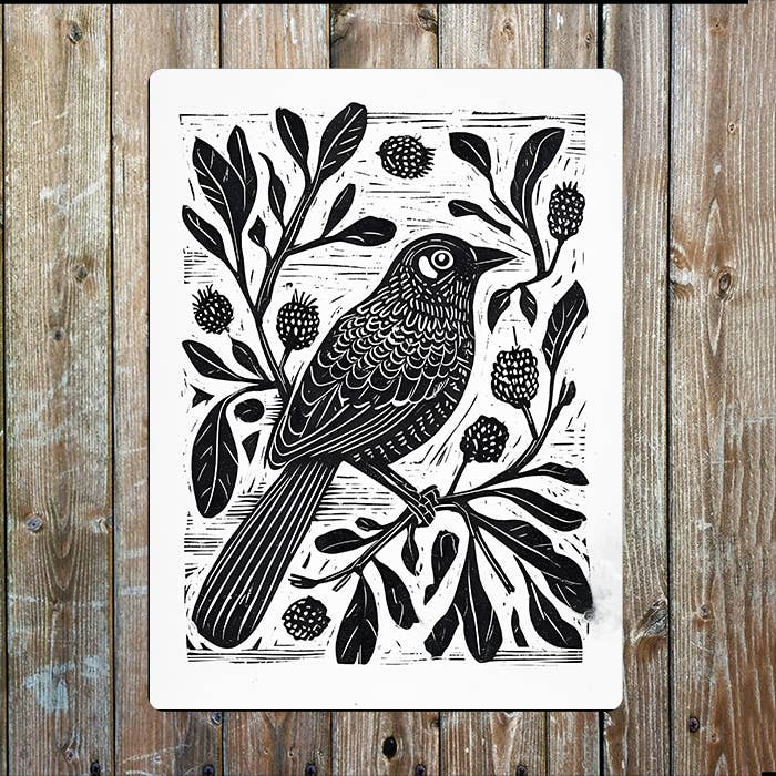 Bird Botanical Branch Linocut Style | Metal Sign Plaque