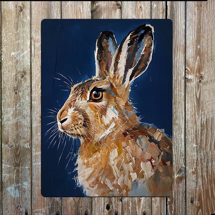 Painting Of A Hare Blue Background Metal Sign Plaque