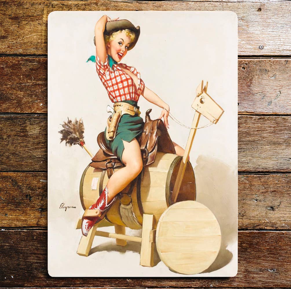 Pin Up Girl Cowgirl Wooden Horse Metal Sign