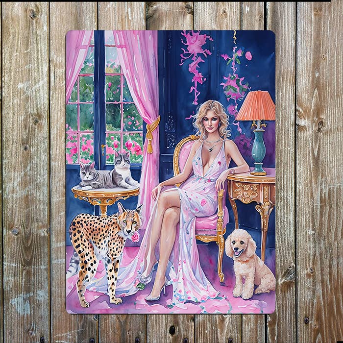 Pink Woman Dog Leopard Cat | Watercolour | Metal Sign Plaque