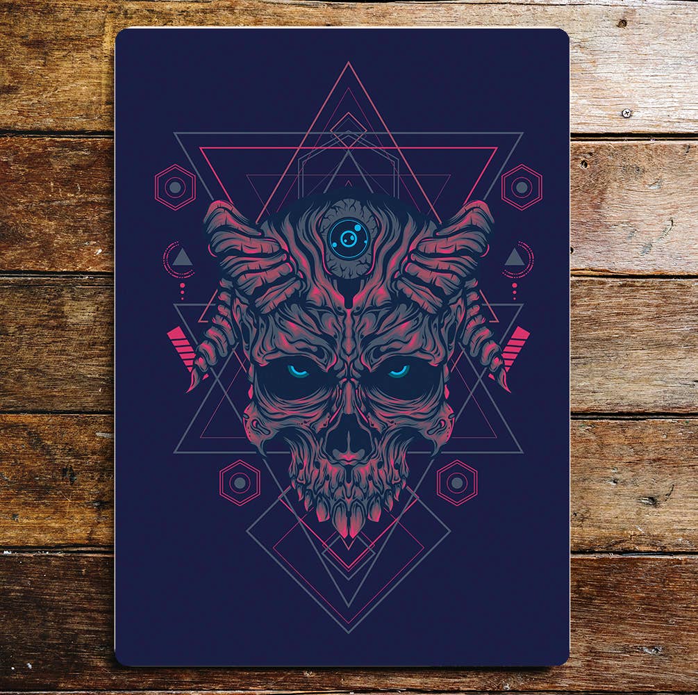 Skull Red Demon Horns Metal Wall Sign