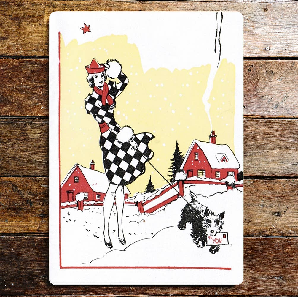 Fashion model walking dog wall art | Metal Sign Plaque