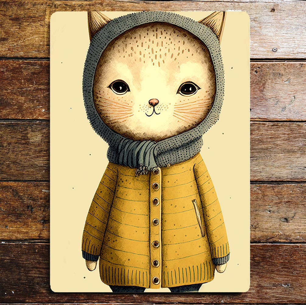 Cute Cat Yellow Jacket Snood | Metal Sign Plaque