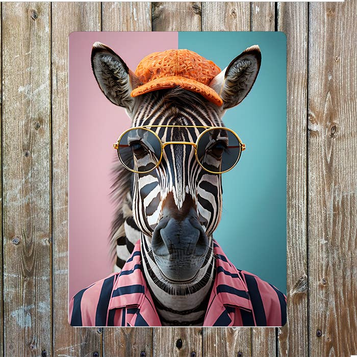 Zebra Portrait In Fashionable Clothes| Metal Sign Plaque