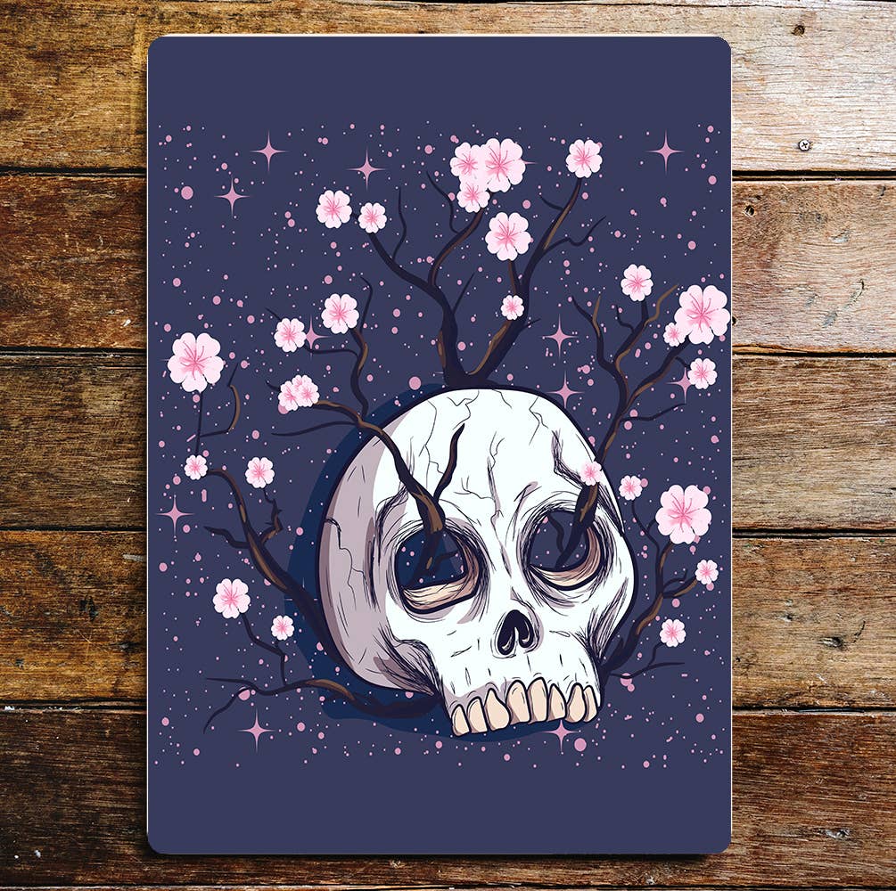 Skull Pink Cherry Blossoms Art Metal Sign Plaque