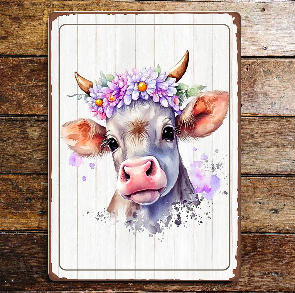Brown And White Cow Head Flowers | Metal Sign Plaque