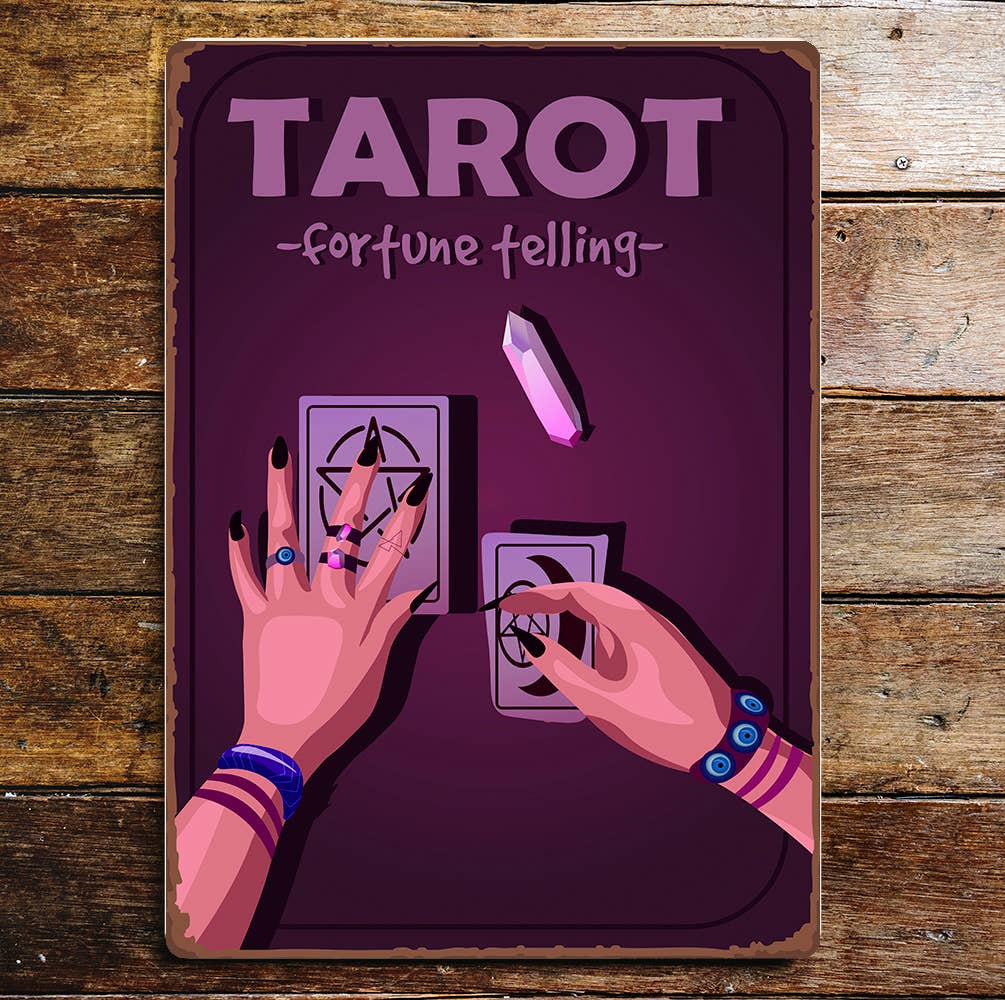 Tarot Fortune Telling Hands Cards Purple Metal Wall Sign