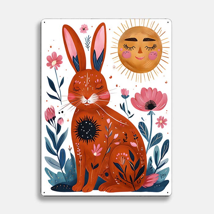 Orange Rabbit Sun scandinavian folk | Metal Sign Plaque