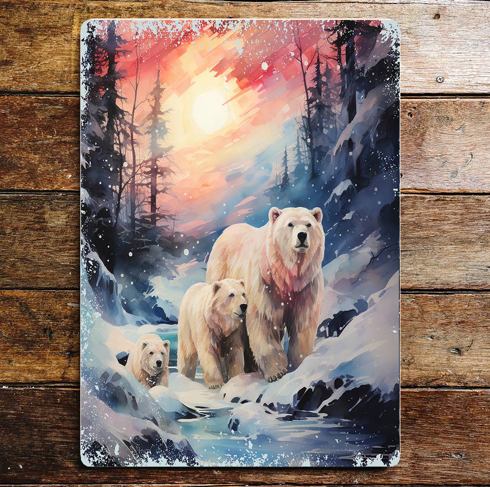 Polar Bear Family Forest Nature Metal Sign Plaque