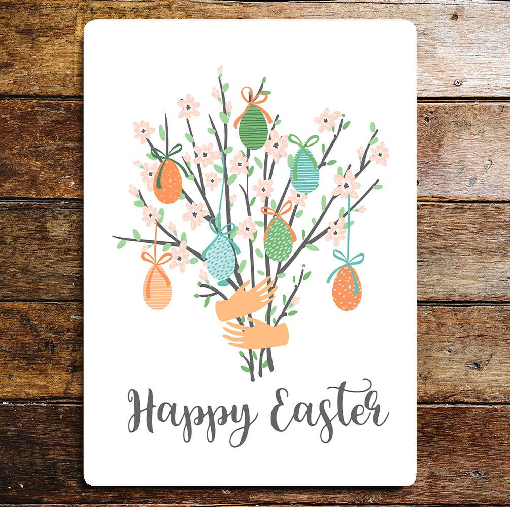 Happy Easter Painted Eggs On Tree Hug | Metal Sign Plaque