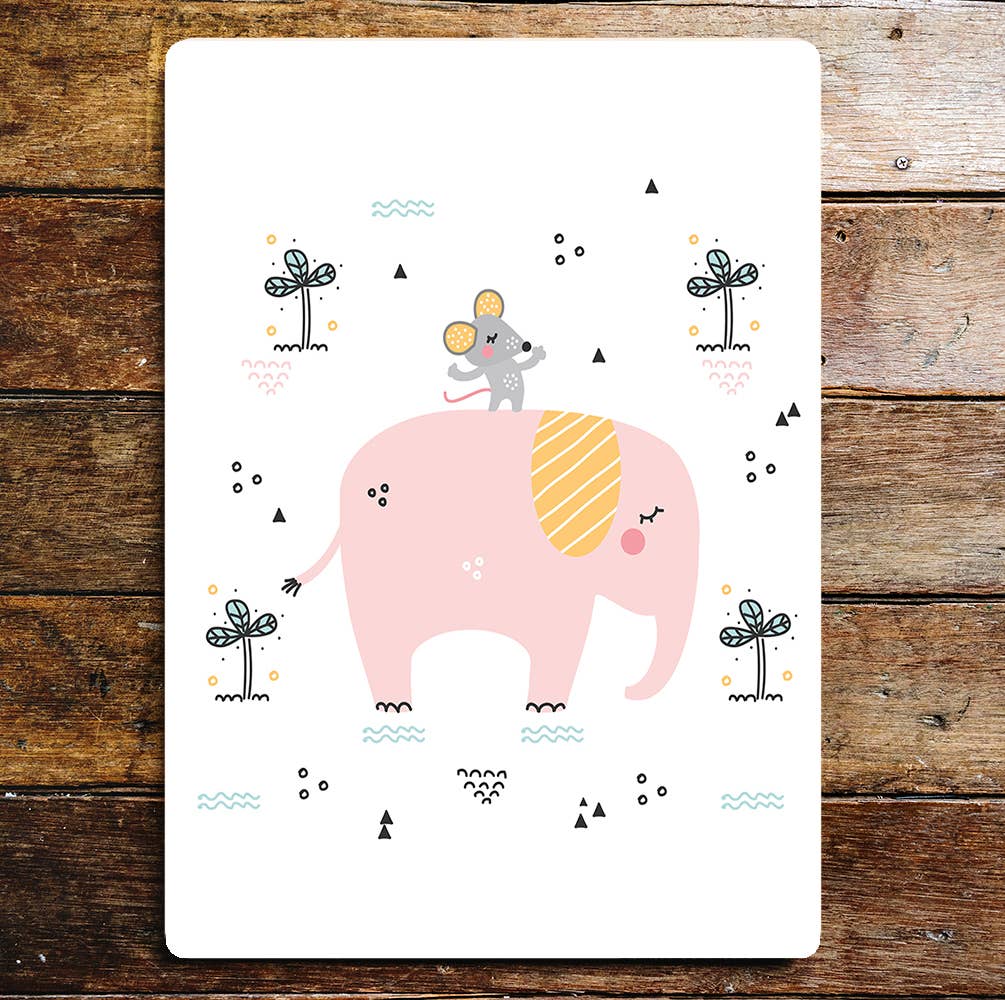 Cartoon Pink Elephant Mouse Friends | Metal Sign Plaque