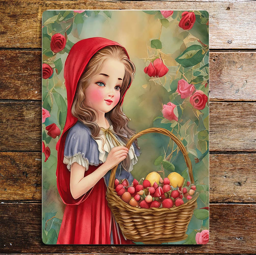 Red riding hood basket flower rose fruit Metal Sign Plaque