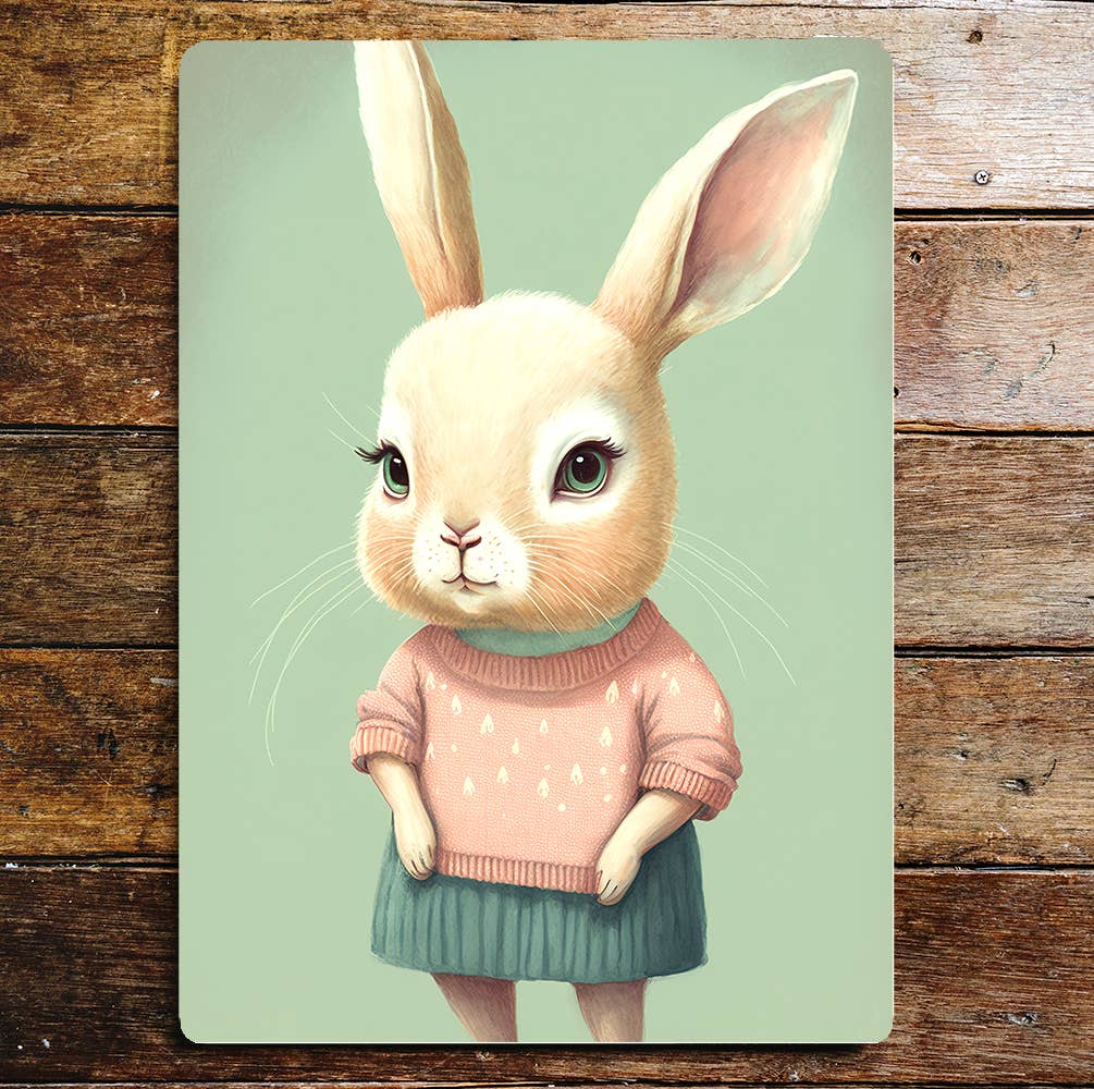 Cute Rabbit Girl Pink Jumper Big Eyes | Metal Sign Plaque