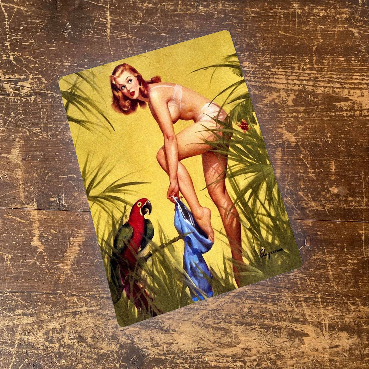 Pinup Girl Forest Parrot Metal Pin Up Wall Sign