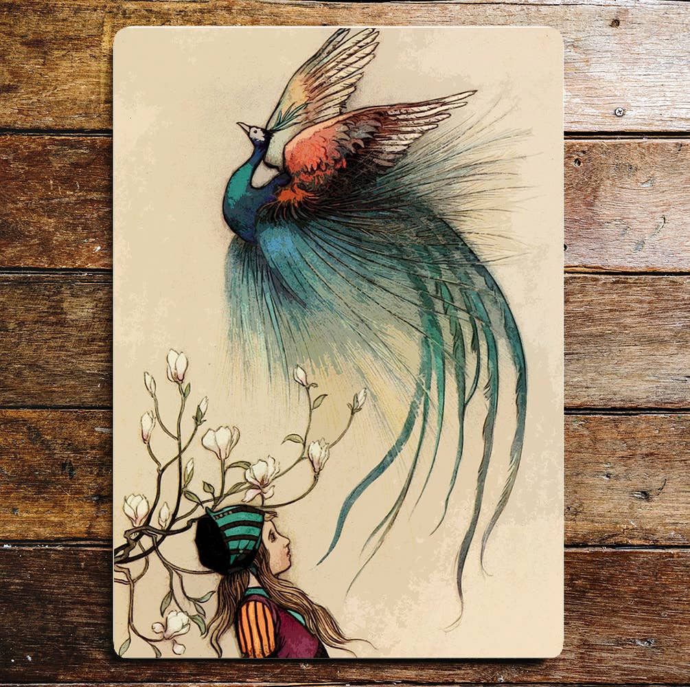 Beautiful Birds Flying Young Girl Blossoms | Metal Sign Plaque