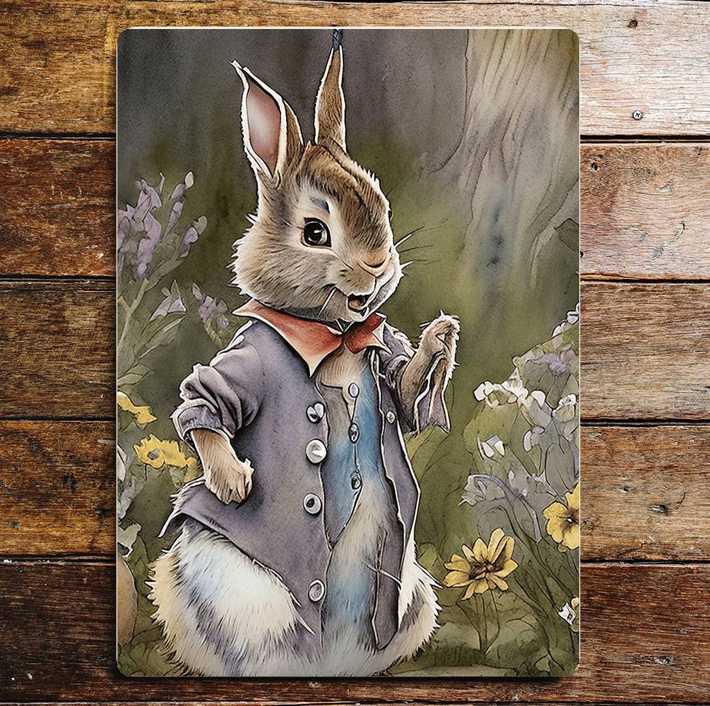 Rabbit In Jacket Flowers garden Metal Wall Sign