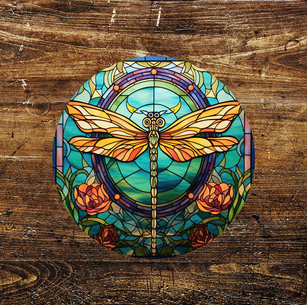 Dragonfly Orange Stained Glass affect Circle Metal Sign