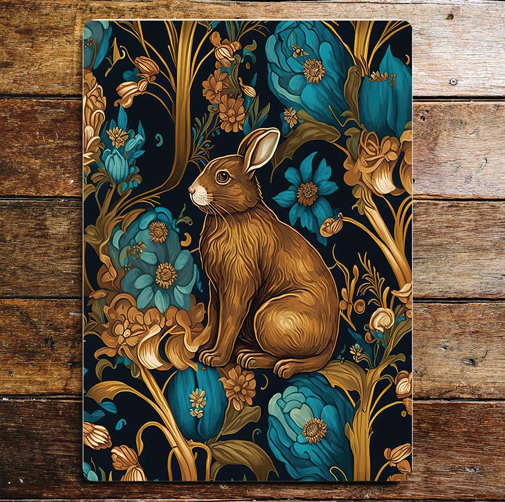 Hare rabbit blue flowers leaves | Metal Sign plaque