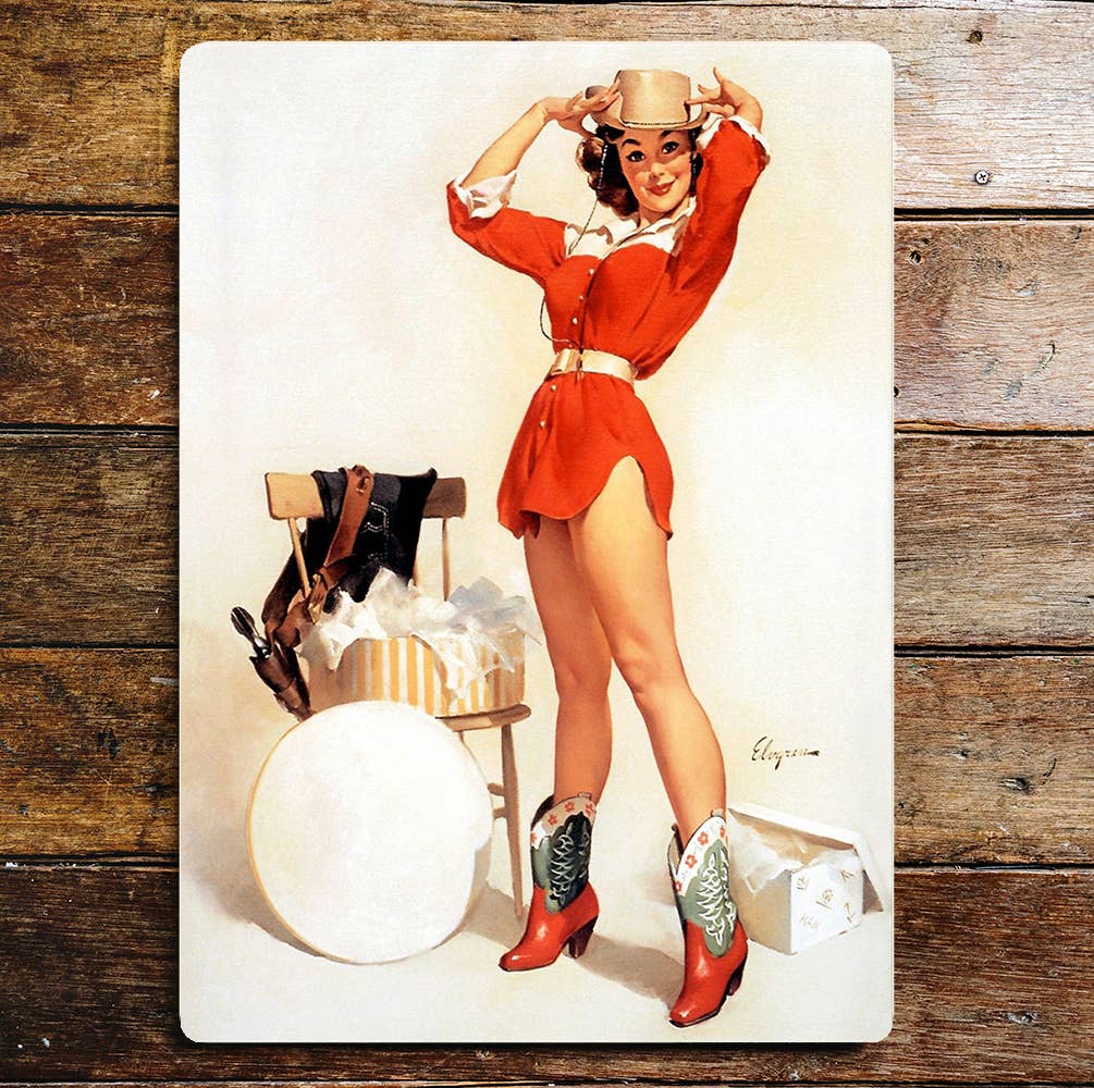 Cowgirl Red Dress Pin Up Girl | Metal Wall Sign Plaque