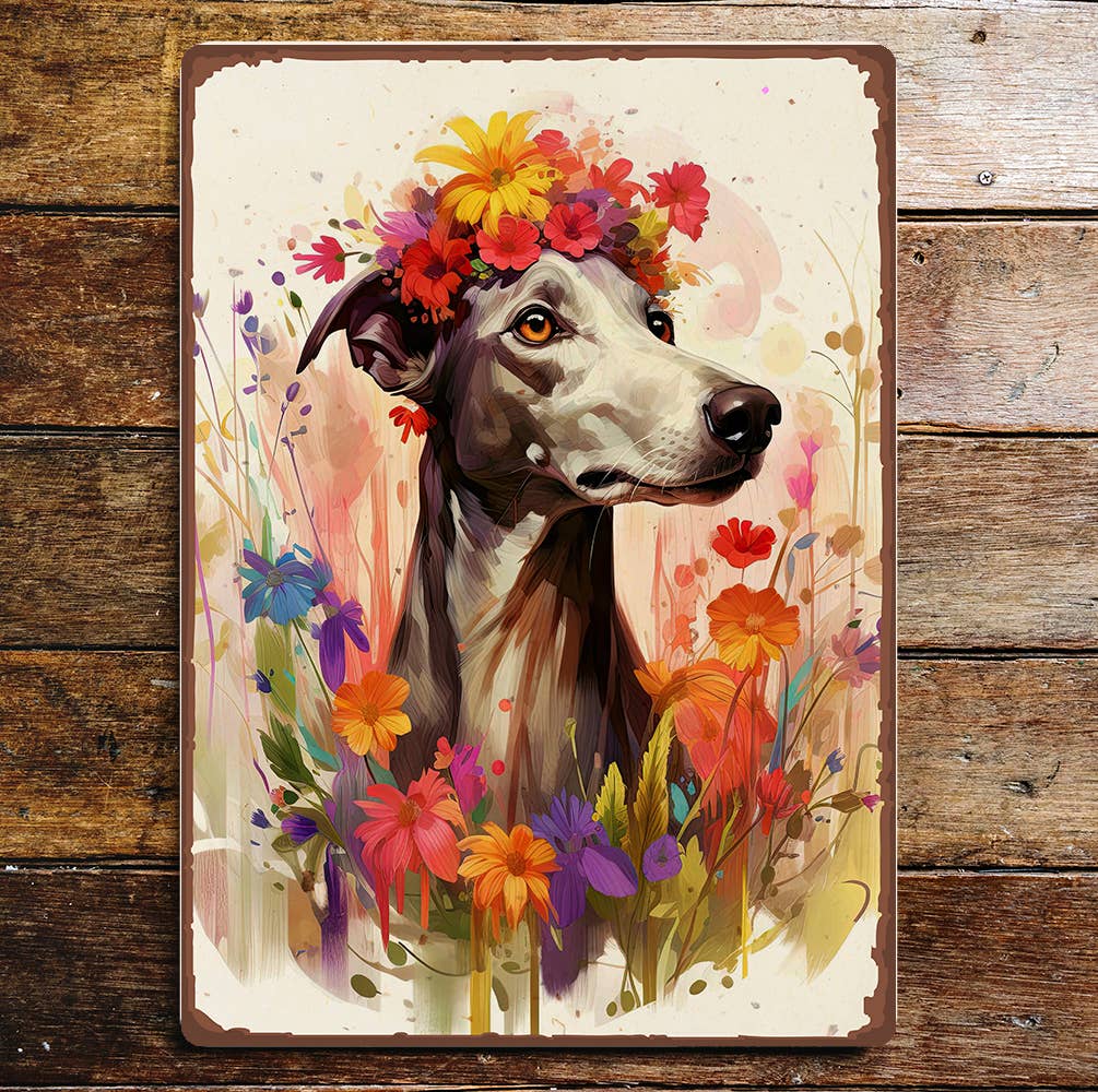 Greyhound Whippet Colour Splash Flowers | Metal Sign Plaque