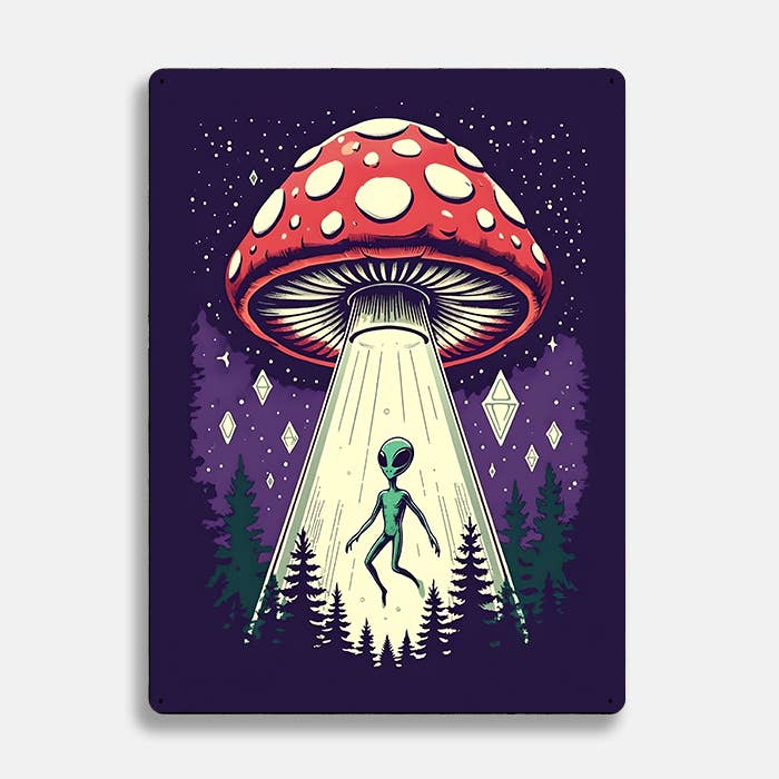 Mushroom UFO Green Alien In Starry Night | Metal Sign Plaque