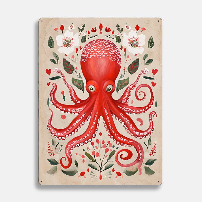 Red Octopus scandinavian folk Metal Sign Plaque