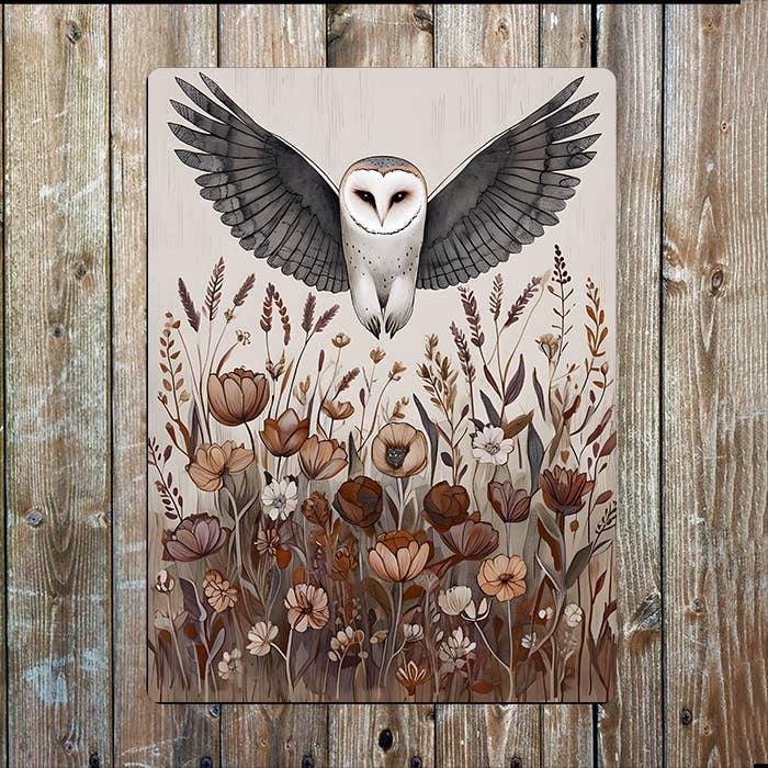 Barn Owl In Flight Above Floral Meadow | Metal Sign Plaque