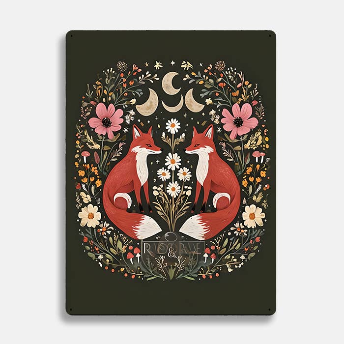 Fox Moon Flowers scandinavian folk | Metal Sign Plaque