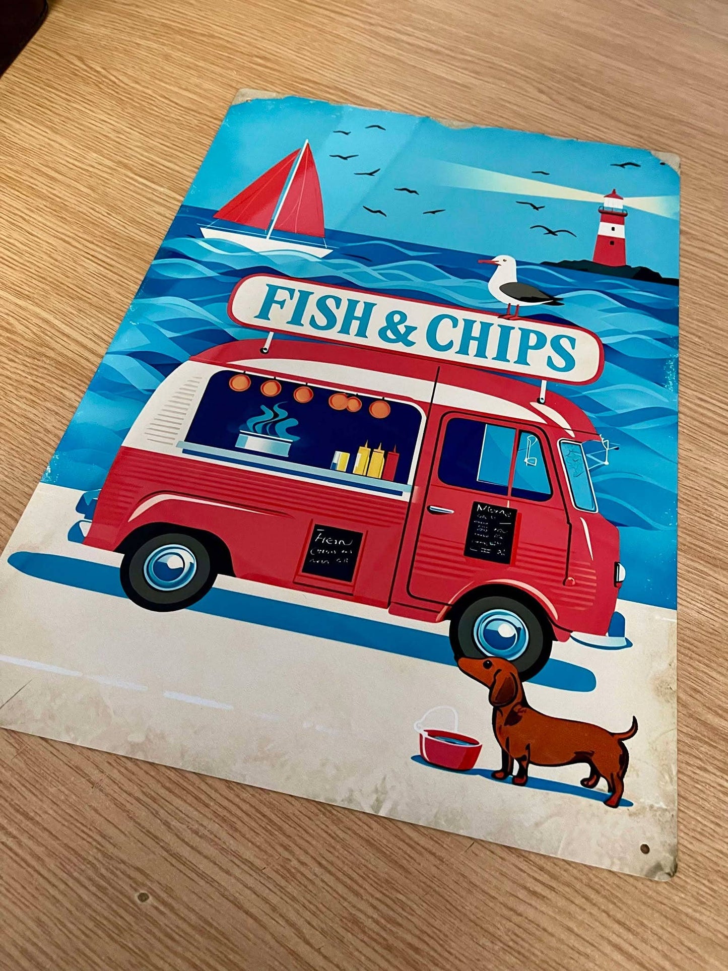 Retro Fish And Chips Truck Seaside Metal Sign Plaque