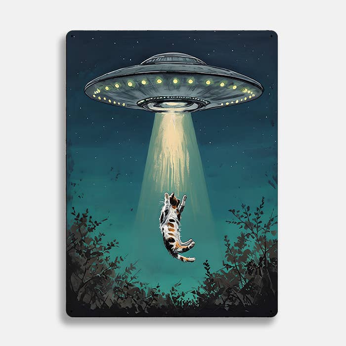 UFO Abduction Levitating Cat UFO Alien | Metal Sign Plaque