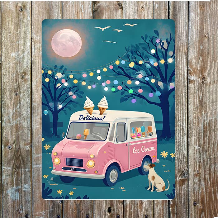 Pink Ice Cream Van At Night | Metal Sign Plaque