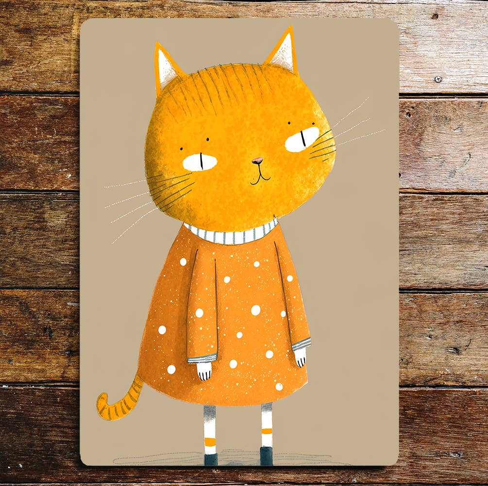 Cute Orange Cat Spotty Dress | Metal Sign Plaque