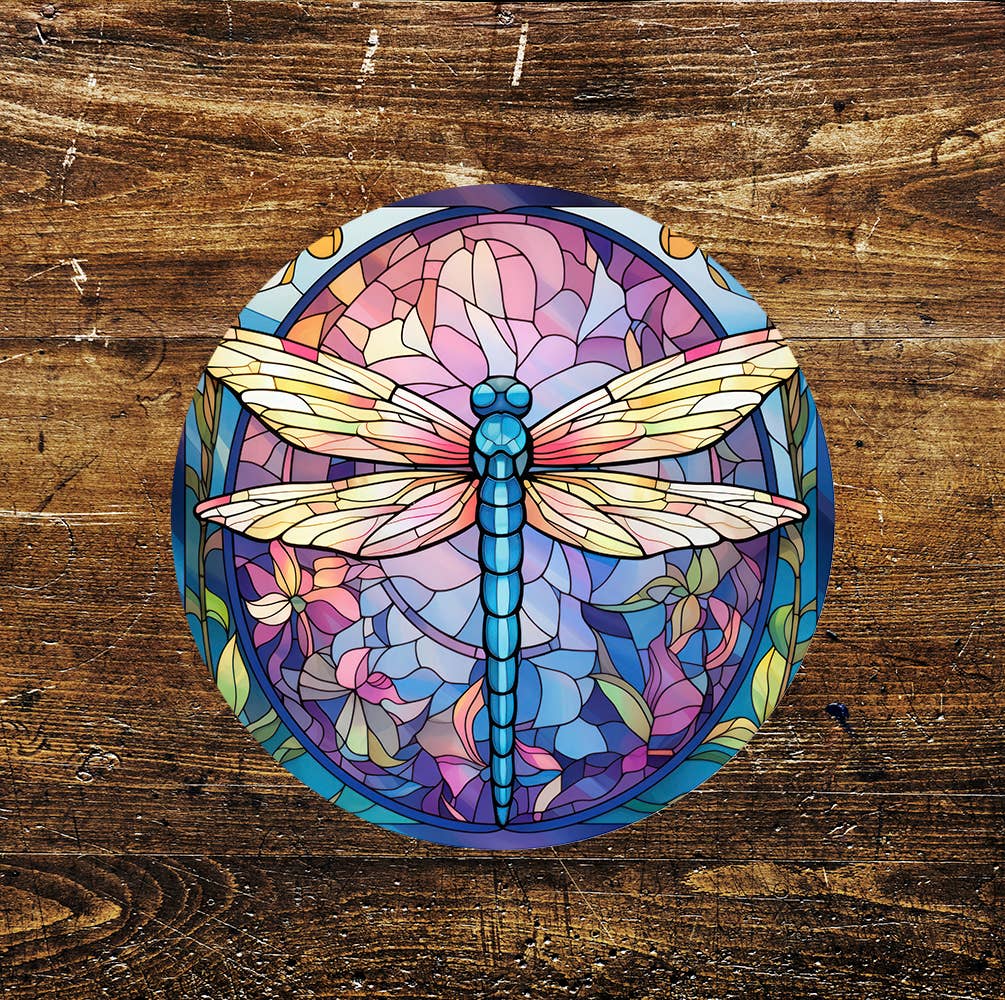Dragonfly pink Stained Glass affect Circle Metal Sign