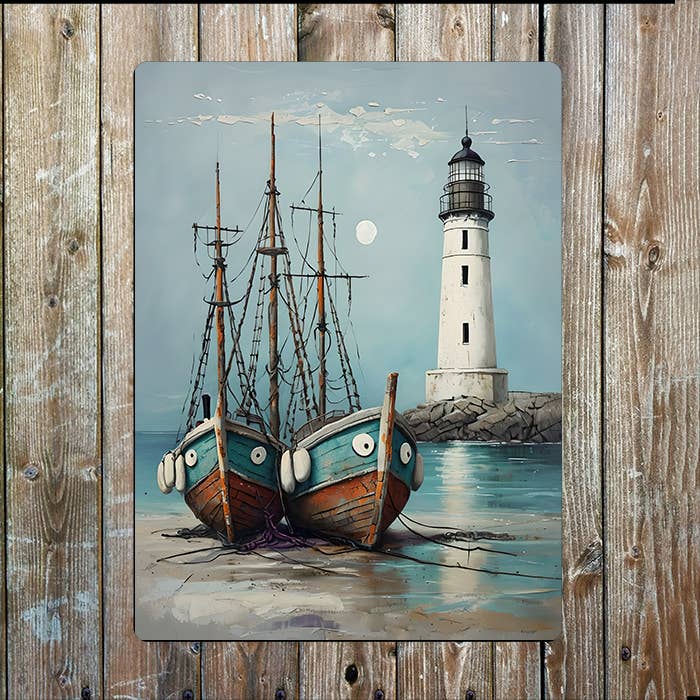 Boat Lighthouse Coastal Scene Sea Nautical | Metal Sign Plaque