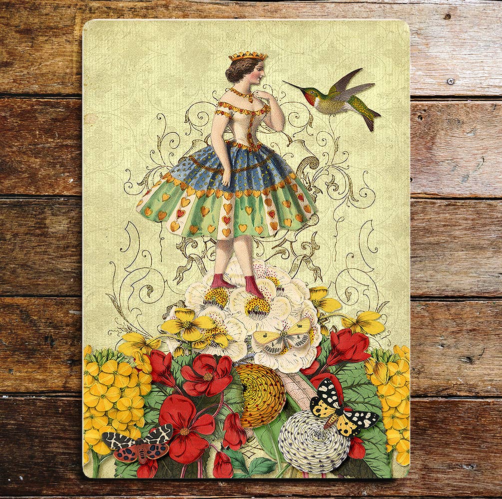 Queen Of Hearts Flowers Humming Bird Metal Sign Plaque