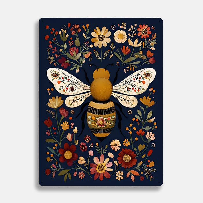 Floral Flowers Bee scandinavian folk | Metal Sign Plaque