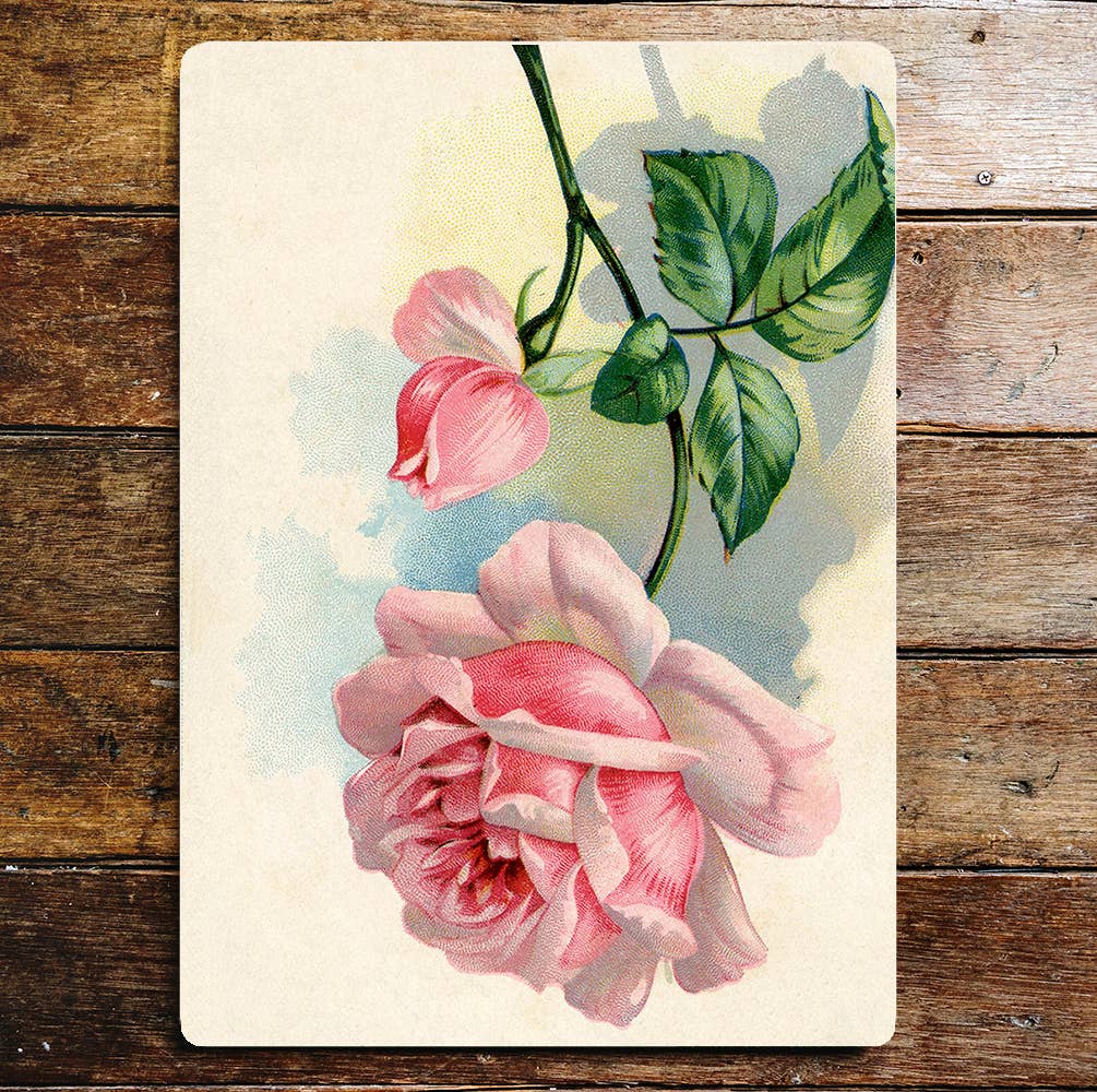 Rose Stem And Bud Flowers Pink Metal Wall Sign
