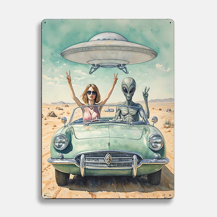 Watercolor women Convertible Alien UFO | Metal Sign Plaque