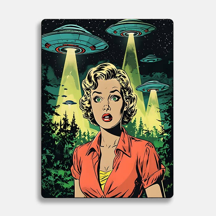 Retro Shocked Woman UFO Alien Metal Sign Plaque