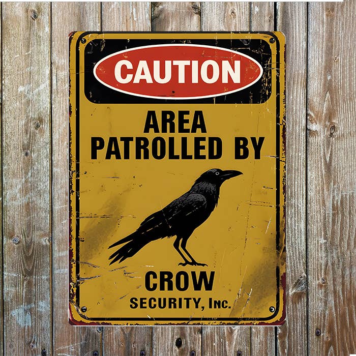 Vintage Caution Area Patrolled Crow Bird | Metal Sign Plaque