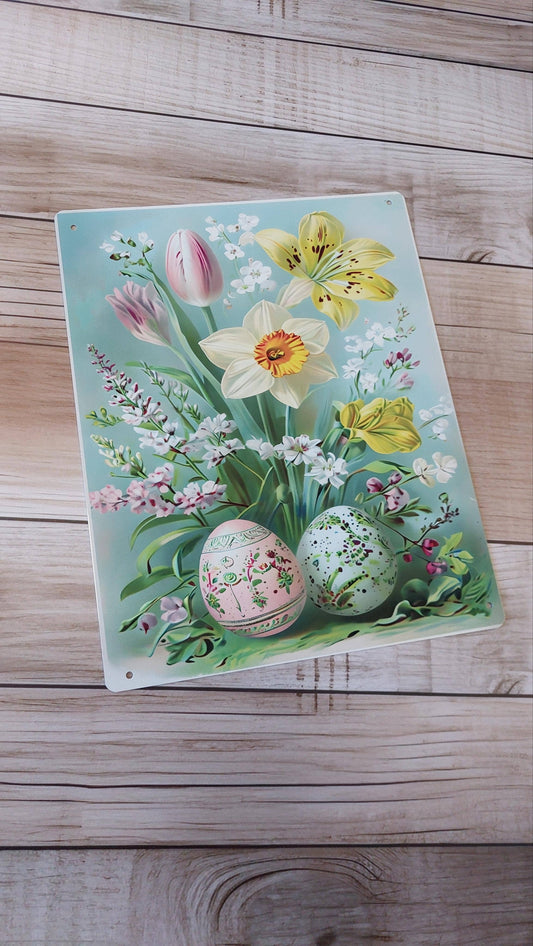Vintage Easter Spring Flowewrs Eggs | Metal Sign Plaque