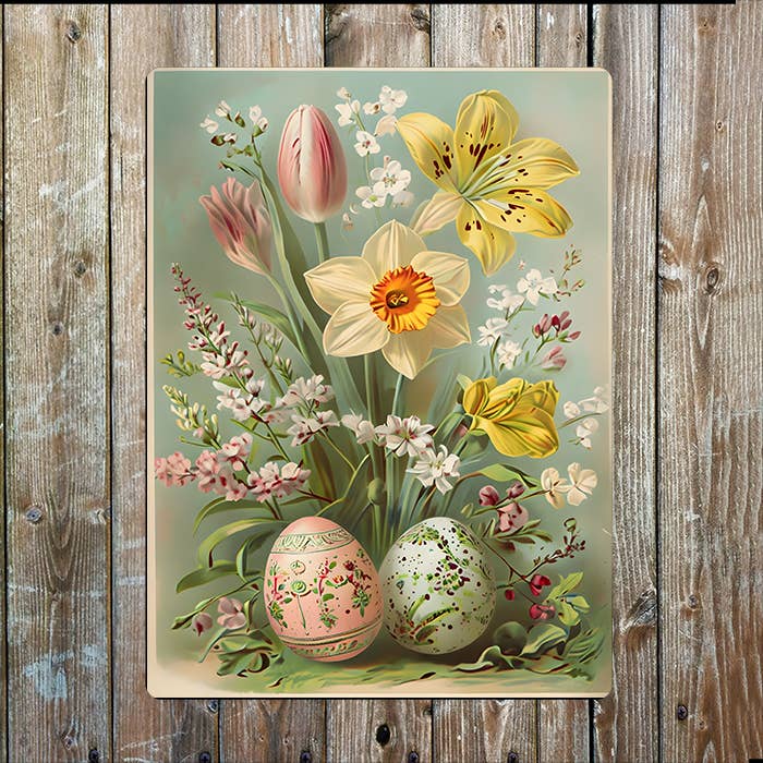 Vintage Easter Spring Flowewrs Eggs | Metal Sign Plaque