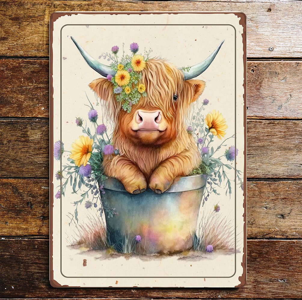 Cute Highland Cow Horns Flowers Plant pot | Metal Sign Plaque