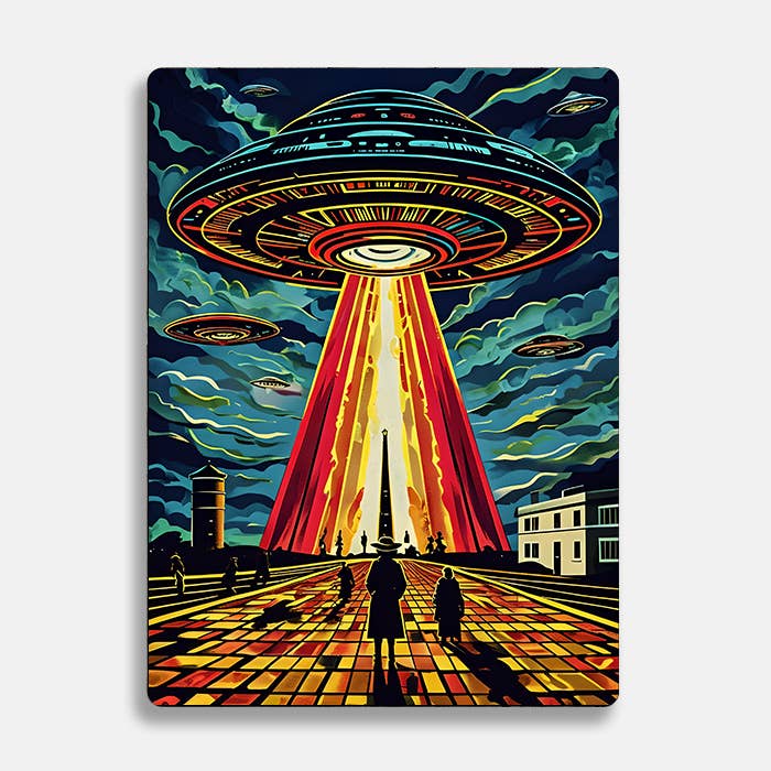 Retro UFO Beams Silhouetted Figures Alien Metal Sign Plaque