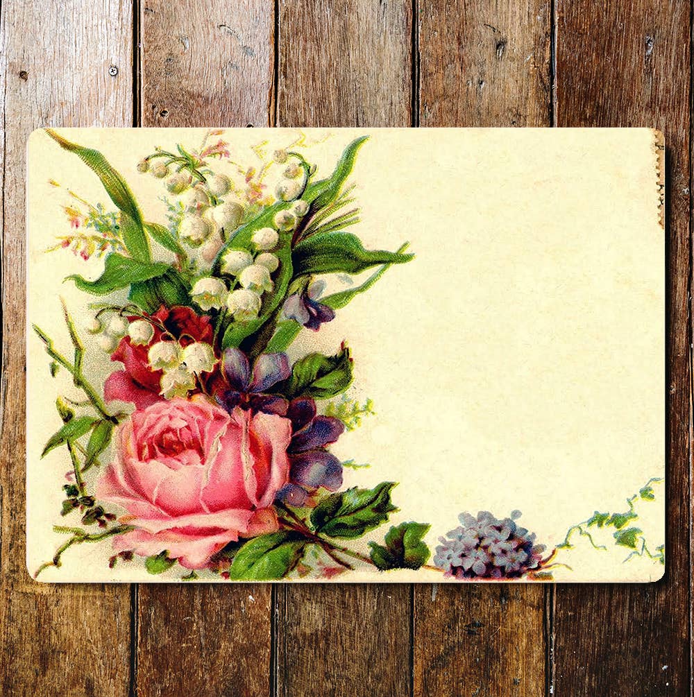 Flowers Pink Rose Snow Drops Leaves | Metal Wall Sign Plaque