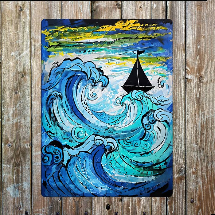 Vibrant Boat Waves Sea Nautical | Metal Sign Plaque