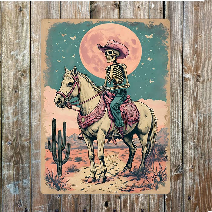 Pink Skeleton Horse Cowboy Western Art Metal Sign Plaque